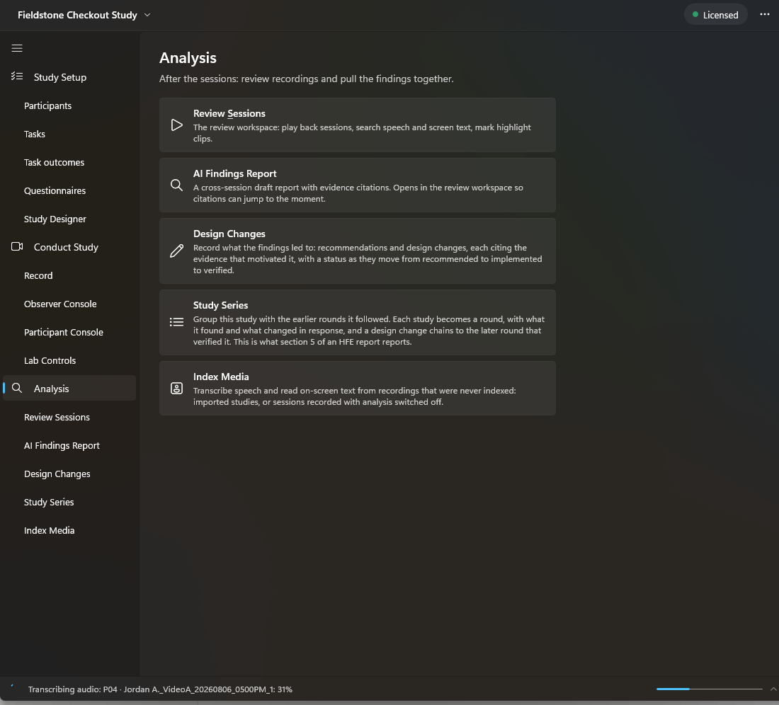 The Analysis page with the activity strip along the bottom of the window reading 'Transcribing audio: P04 - Jordan A.: 31%' beside a progress bar.