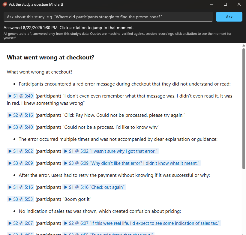 The Ask-the-study window answering What went wrong at checkout: a bulleted answer built from participants' verbatim quotes, each with a clickable session-and-timestamp citation.