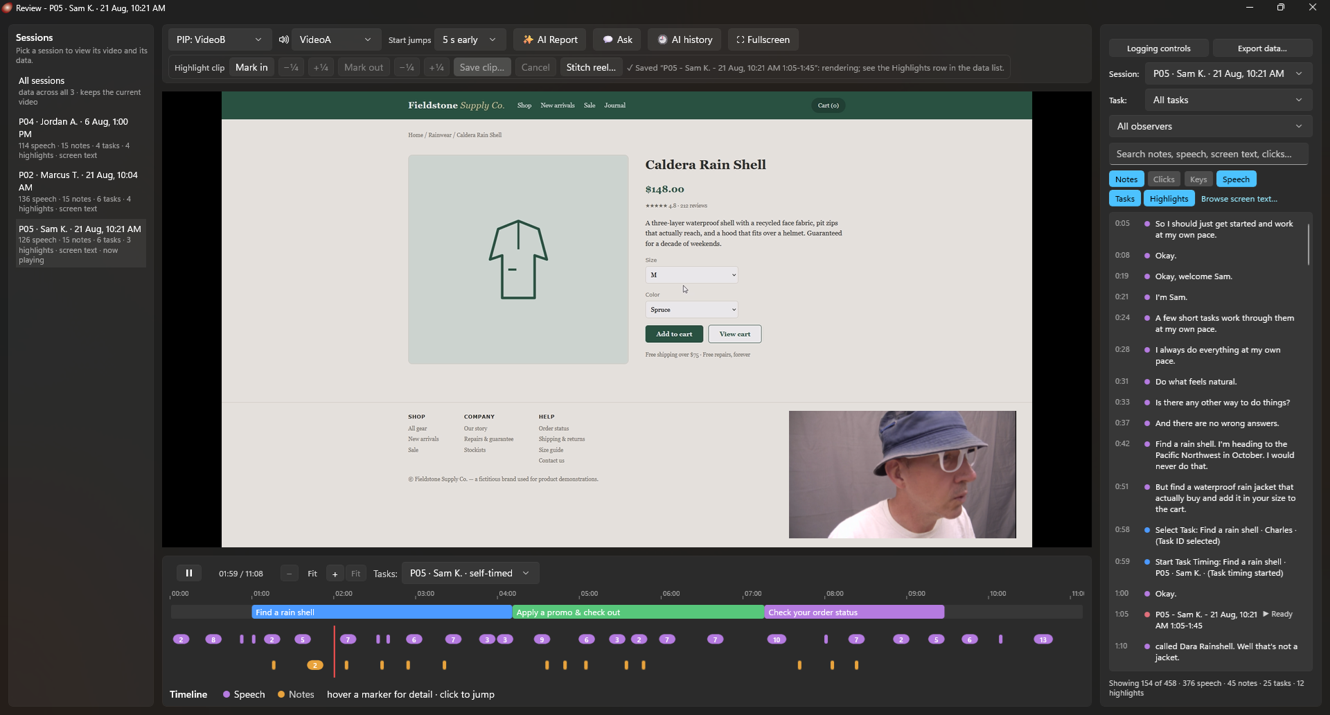 The Review window seconds after saving a clip: the toolbar confirms the save, the data view's Highlights rows show the new clip rendering among the study's ready ones, and the Stitch reel button sits in the toolbar.