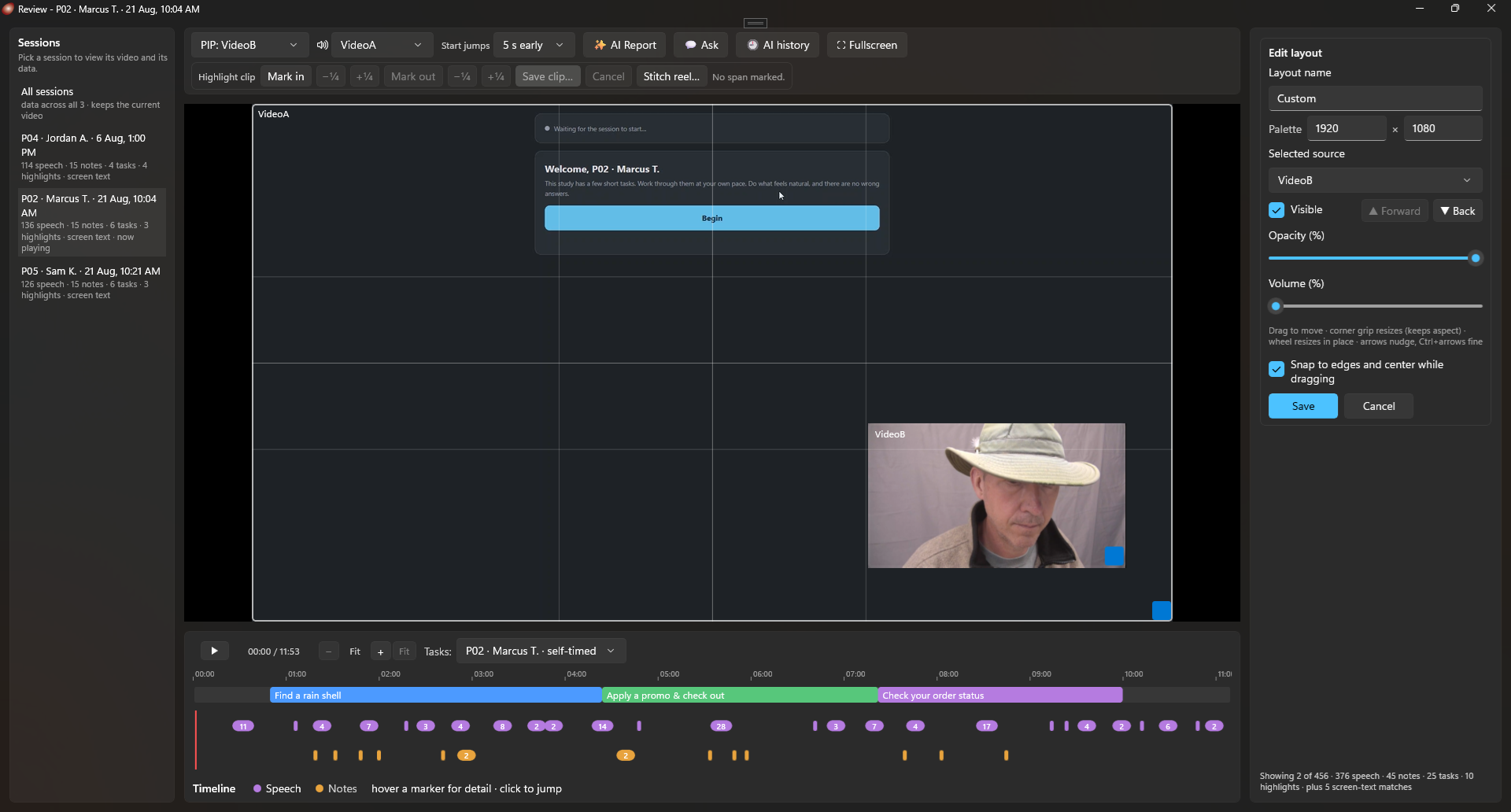 The layout editor: the webcam source selected over the screen recording with rule-of-thirds guides showing, and an edit pane on the right with visibility, opacity and volume controls and a snap-to-edges checkbox.