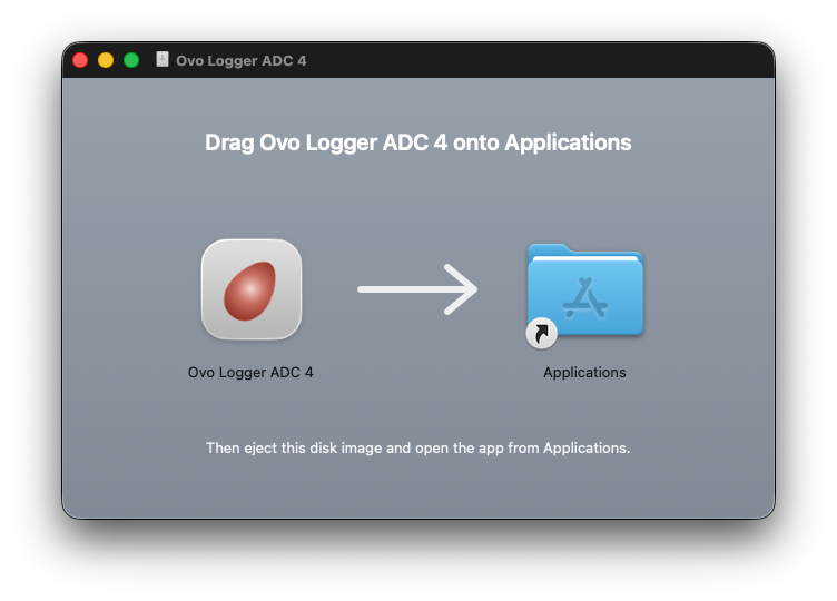 The Ovo Logger ADC 4 installer window on a Mac: the app's red egg icon on the left, a large arrow pointing right, and the Applications folder on the right, under the instruction to drag Ovo Logger ADC 4 onto Applications.