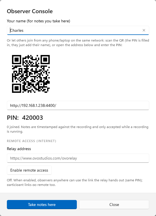 The Observer Console dialog: a name field, a QR code to scan, the address and a six-digit PIN beneath it, and a remote-access block showing that internet access is switched off.