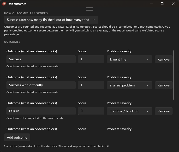 The Task outcomes editor: Success, Success with difficulty and Failure, each with a score and a problem-severity picker, and a plain-language line under each saying how it counts in the success rate.
