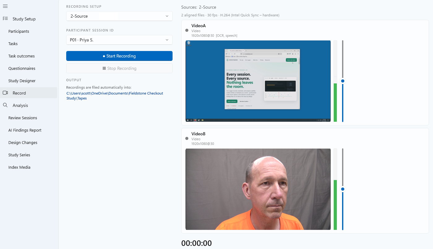 The Record page before a session: recording setup and participant pickers on the left, and live idle previews of both sources - the participant's screen and the participant camera - each with a moving level meter.