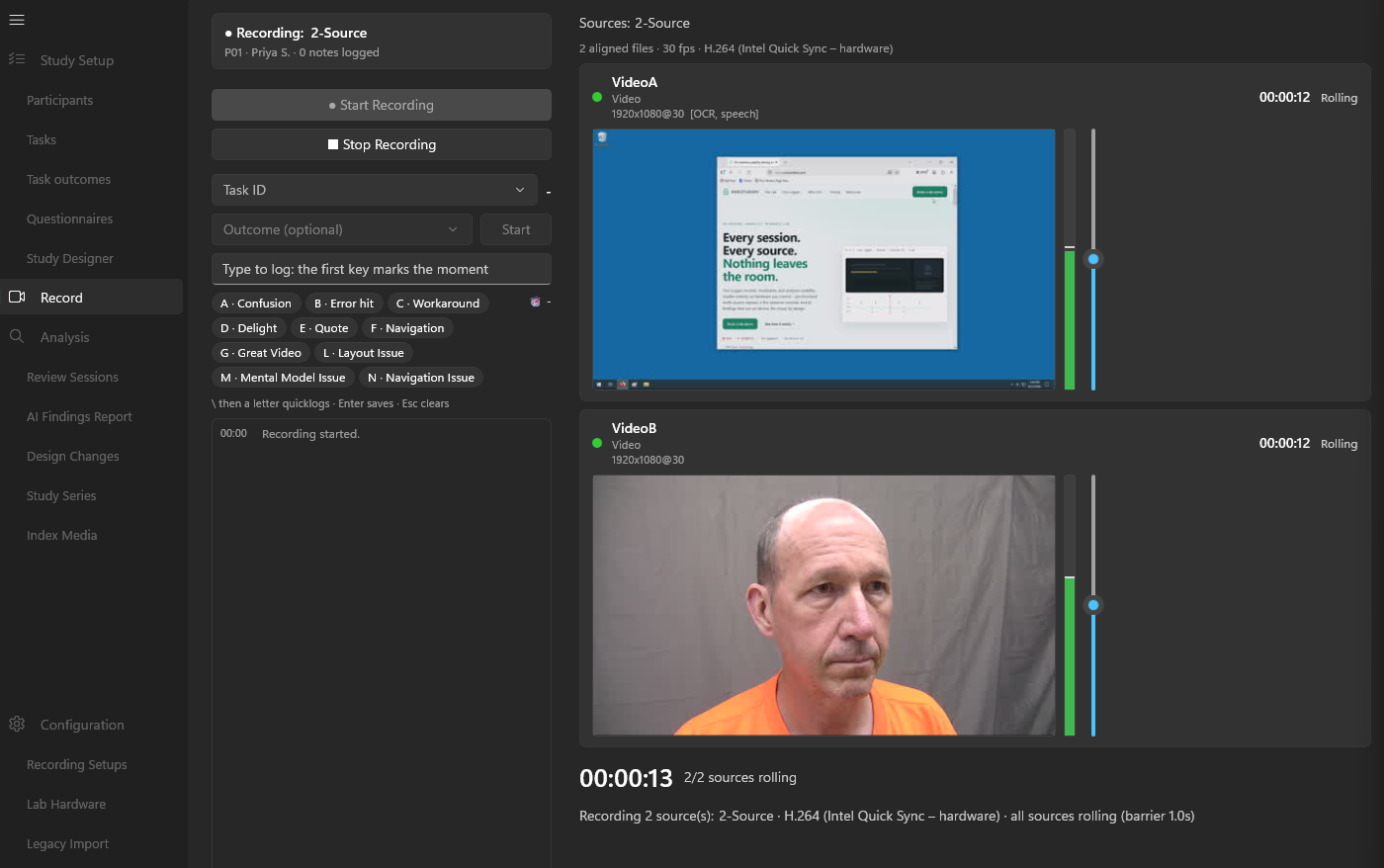 The Record page mid-session: the left column is the logging surface with a task picker, one-key tag chips and a note box, while both source previews show 2 of 2 sources rolling with the elapsed time.