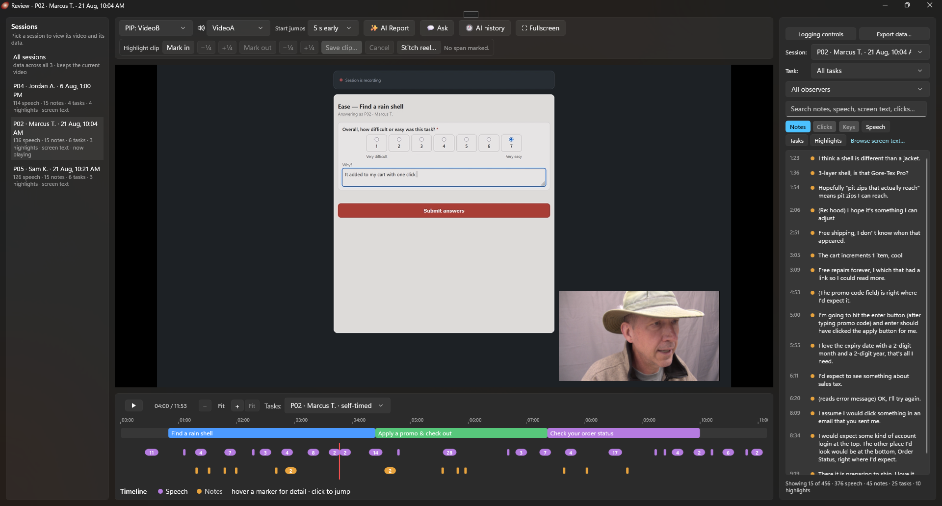 The Review window: session rail on the left, the recording with its webcam picture-in-picture, a timeline underneath with a colored task band and speech and note markers, and the data view on the right listing timestamped notes.