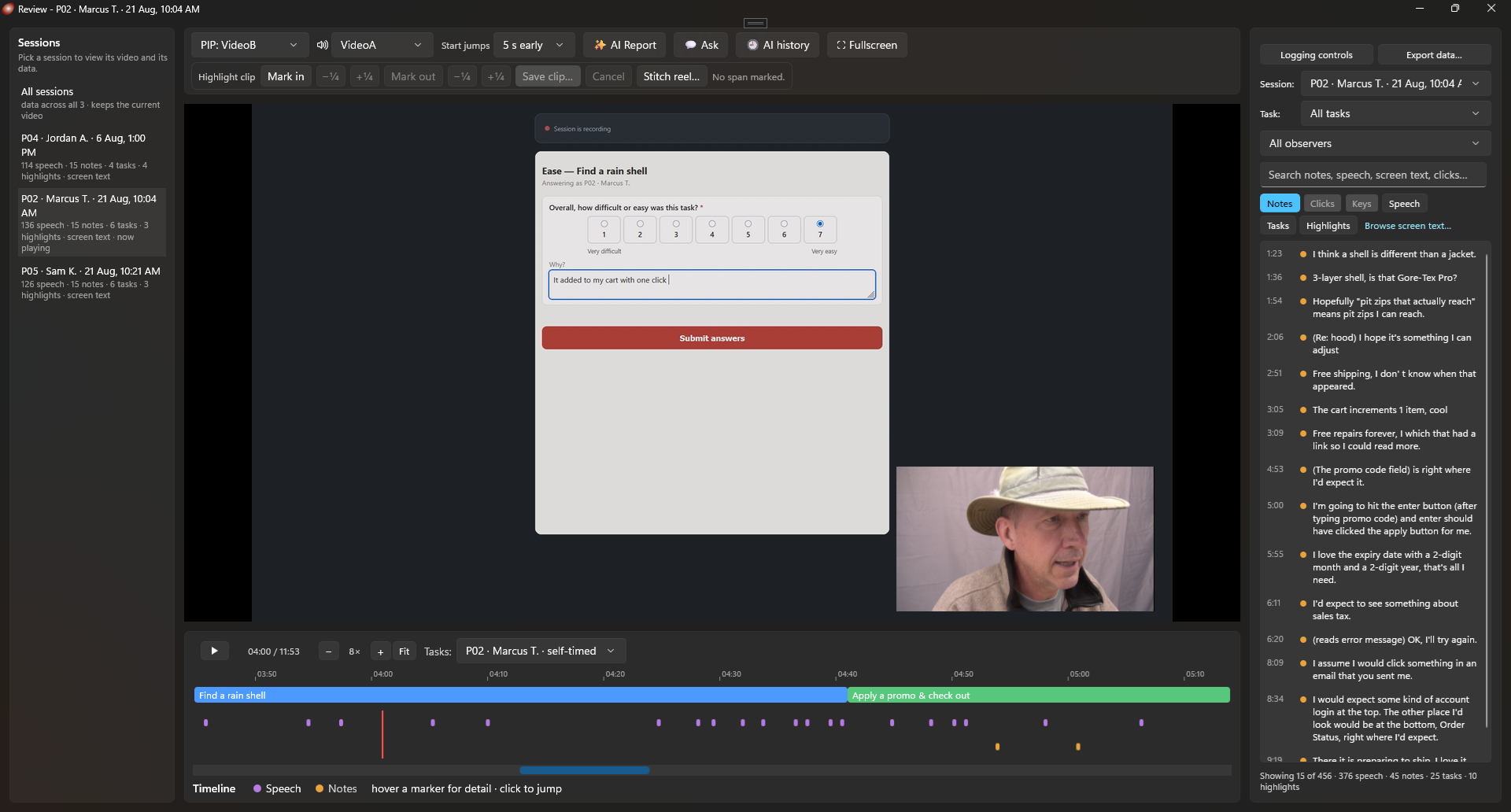 The same timeline zoomed to eight times: the ruler now reads in ten-second steps, clustered markers have resolved into individual ones, and a navigator strip at the bottom shows which slice of the session is on screen.
